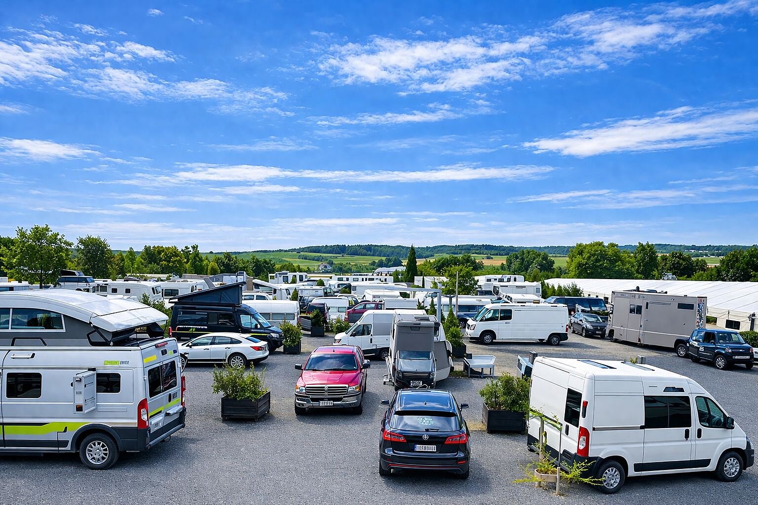 Voll belegter Stellplatz bei schönem Wetter